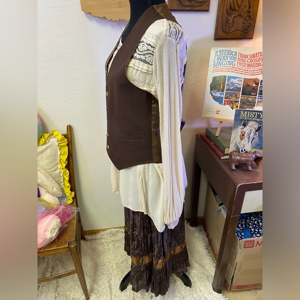 Curated Outfit Brown Boho Chic Western Midi Crinkle Velour Skirt 10P Vest + Top - Picture 4 of 16
